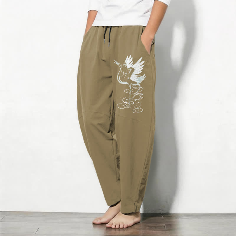 Buddha Stones Pantaloni da uomo affusolati in puro cotone bianco con motivo a gru e coulisse, con tasche. - image 15