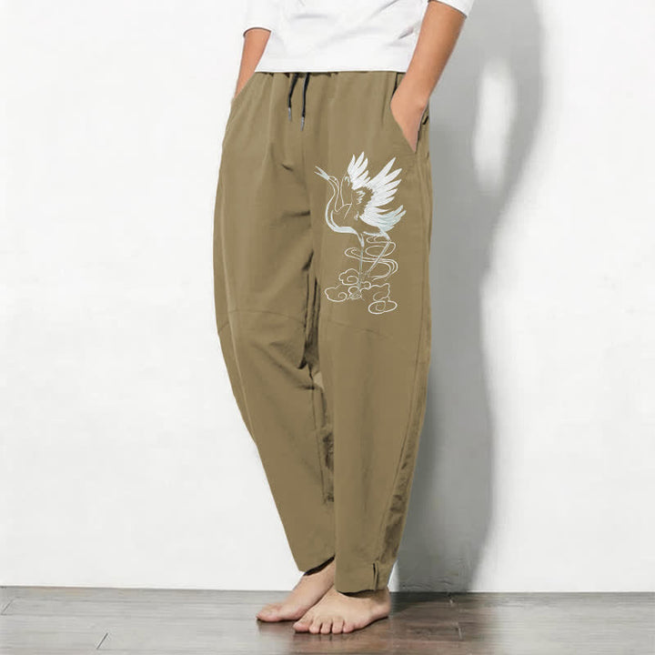 Buddha Stones Pantaloni da uomo affusolati in puro cotone bianco con motivo a gru e coulisse, con tasche. - image 15