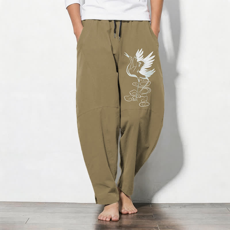Buddha Stones Pantaloni da uomo affusolati in puro cotone bianco con motivo a gru e coulisse, con tasche. - Cachi scuro - US/UK/AU50, EU60 (5XL) - image 14