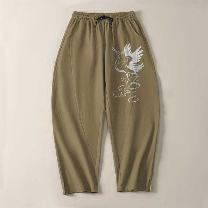 Buddha Stones Pantaloni da uomo affusolati in puro cotone bianco con motivo a gru e coulisse, con tasche. - image 16