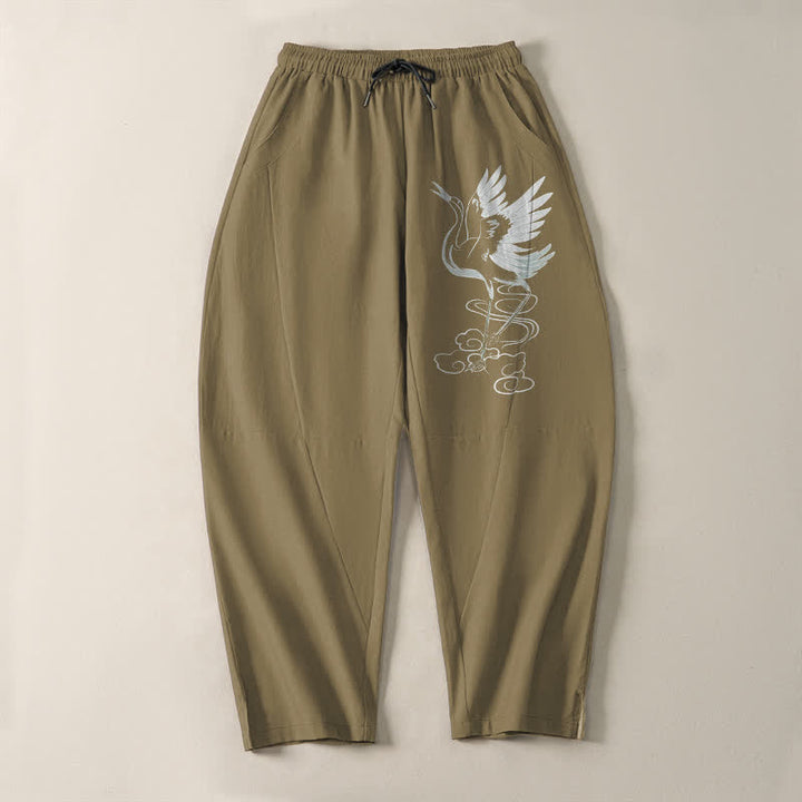 Buddha Stones Pantaloni da uomo affusolati in puro cotone bianco con motivo a gru e coulisse, con tasche. - image 16