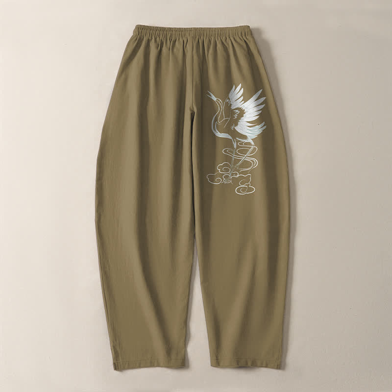Buddha Stones Pantaloni da uomo affusolati in puro cotone bianco con motivo a gru e coulisse, con tasche. - image 17
