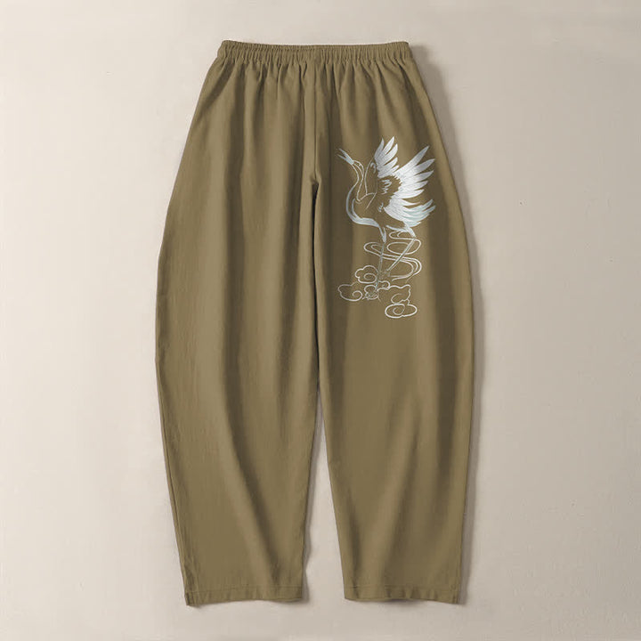 Buddha Stones Pantaloni da uomo affusolati in puro cotone bianco con motivo a gru e coulisse, con tasche. - image 17