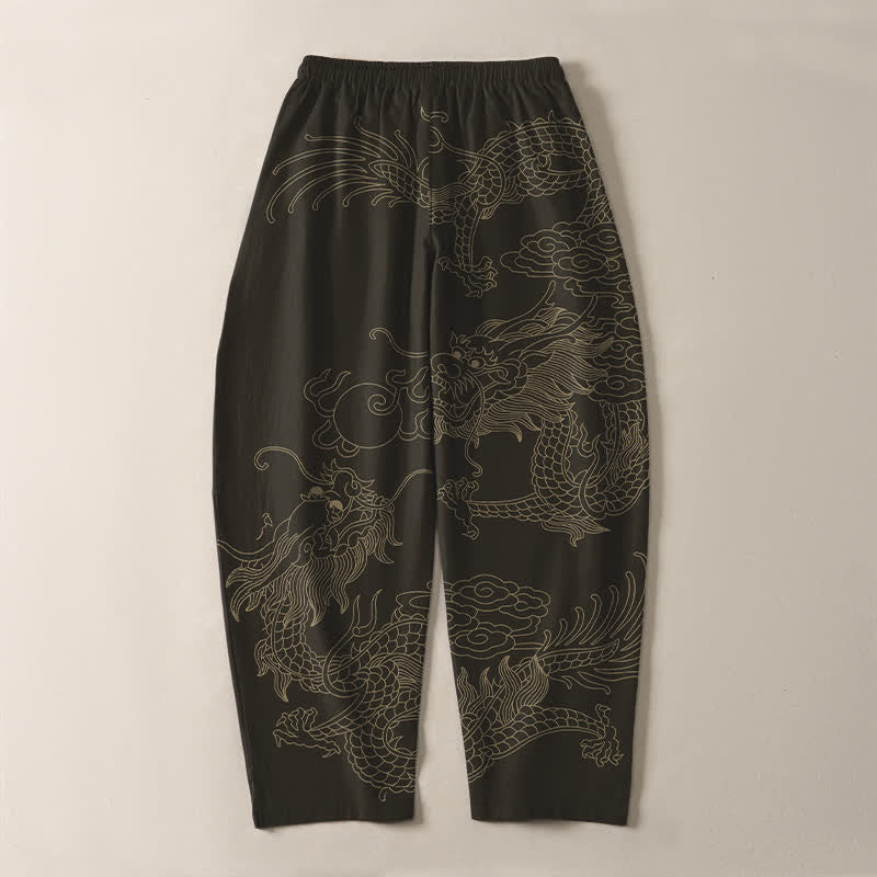 Buddha Stones Pantaloni da uomo affusolati in puro cotone con motivo drago dorato e nuvole, con coulisse e tasche. - Nero - US/UK/AU50, EU60 (5XL) - image 3