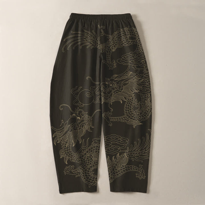 Buddha Stones Pantaloni da uomo affusolati in puro cotone con motivo drago dorato e nuvole, con coulisse e tasche. - Nero - US/UK/AU50, EU60 (5XL) - image 3