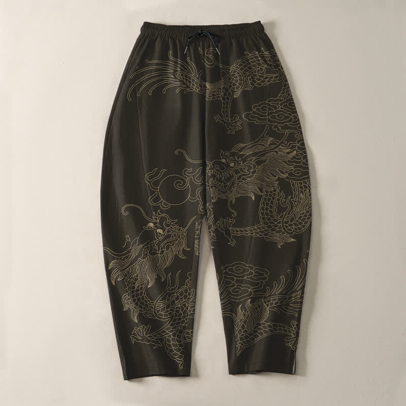 Buddha Stones Pantaloni da uomo affusolati in puro cotone con motivo drago dorato e nuvole, con coulisse e tasche. - image 2
