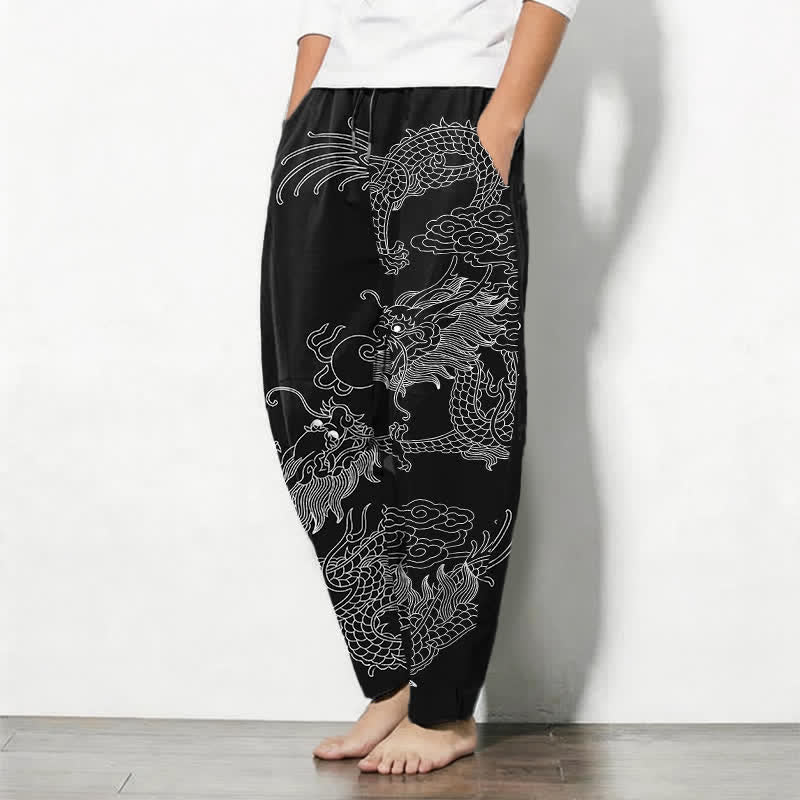 Buddha Stones Pantaloni da uomo affusolati in puro cotone con motivo drago dorato e nuvole, con coulisse e tasche. - image 8