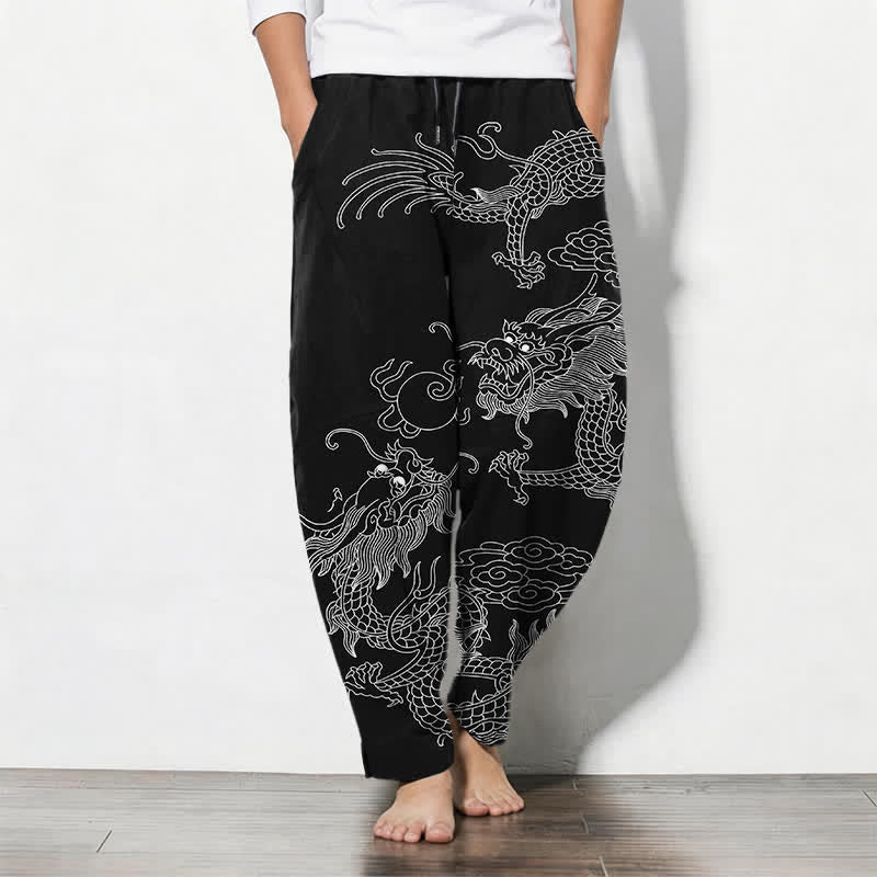 Buddha Stones Pantaloni da uomo affusolati in puro cotone con motivo drago dorato e nuvole, con coulisse e tasche. - image 7