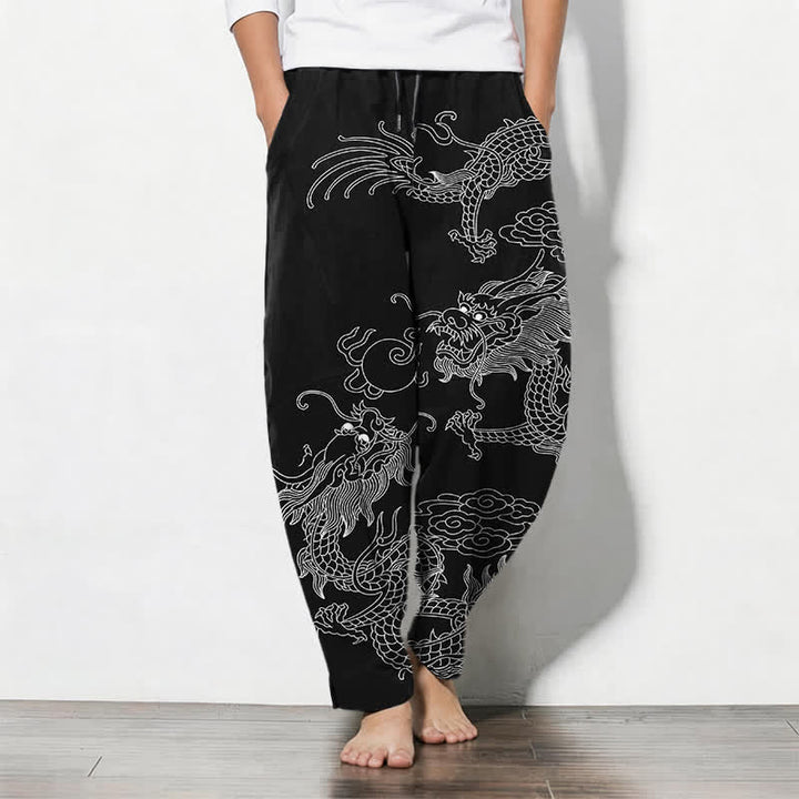 Buddha Stones Pantaloni da uomo affusolati in puro cotone con motivo drago dorato e nuvole, con coulisse e tasche. - image 7