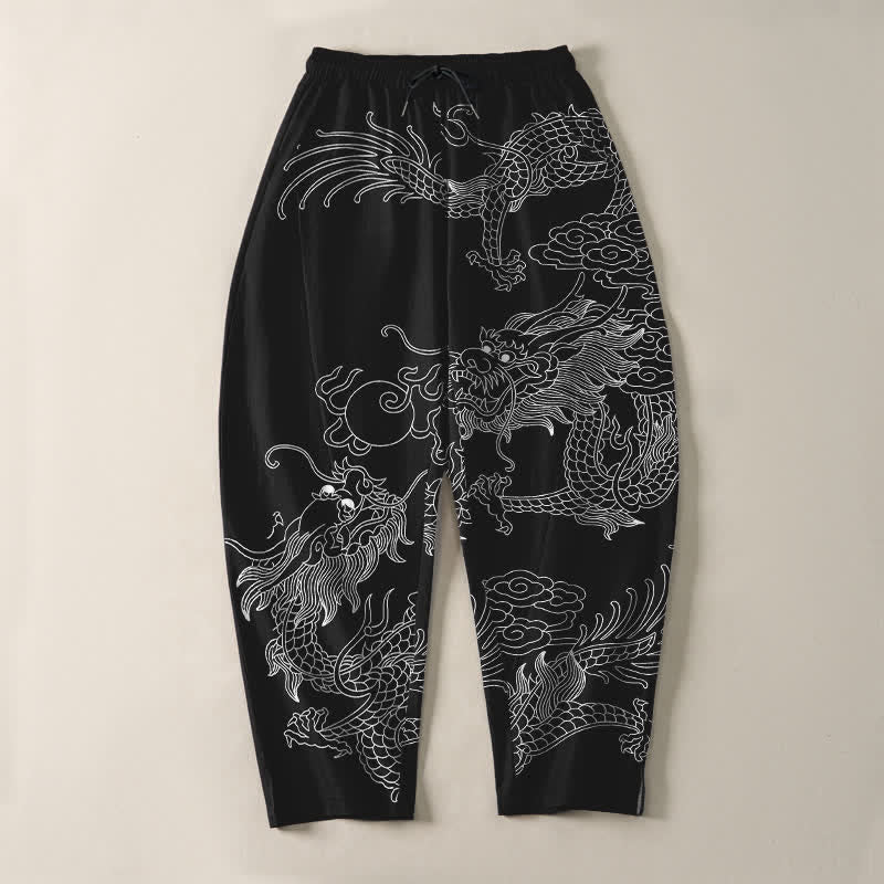 Buddha Stones Pantaloni da uomo affusolati in puro cotone con motivo drago dorato e nuvole, con coulisse e tasche. - image 9
