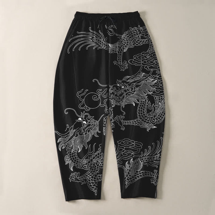 Buddha Stones Pantaloni da uomo affusolati in puro cotone con motivo drago dorato e nuvole, con coulisse e tasche. - image 9