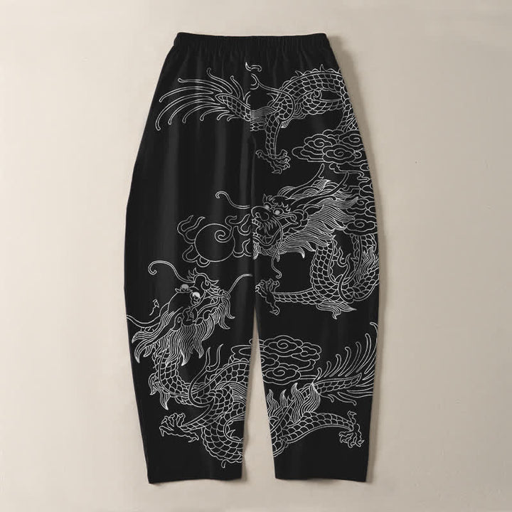 Buddha Stones Pantaloni da uomo affusolati in puro cotone con motivo drago dorato e nuvole, con coulisse e tasche. - image 10