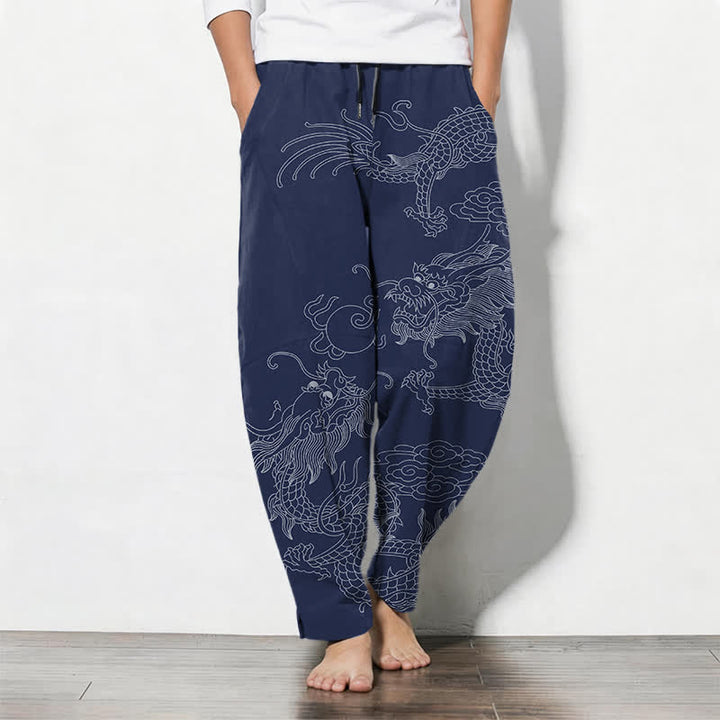 Buddha Stones Pantaloni da uomo affusolati in puro cotone con motivo drago dorato e nuvole, con coulisse e tasche. - Marina - US/UK/AU50, EU60 (5XL) - image 14
