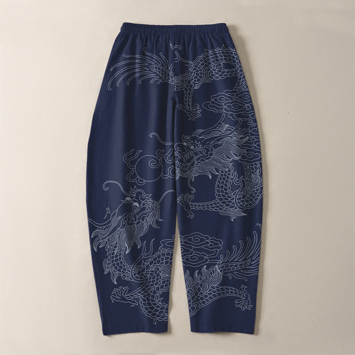 Buddha Stones Pantaloni da uomo affusolati in puro cotone con motivo drago dorato e nuvole, con coulisse e tasche. - image 17
