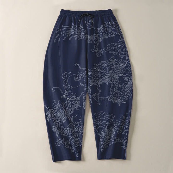 Buddha Stones Pantaloni da uomo affusolati in puro cotone con motivo drago dorato e nuvole, con coulisse e tasche. - image 16