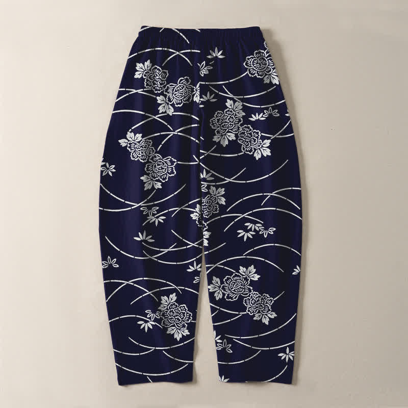 Buddha Stones Pantaloni da uomo affusolati in puro cotone bianco con motivo floreale a tralci e coulisse, con tasche. - image 3