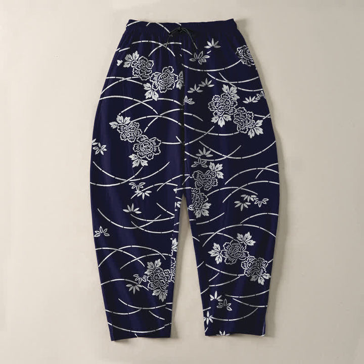 Buddha Stones Pantaloni da uomo affusolati in puro cotone bianco con motivo floreale a tralci e coulisse, con tasche. - image 2