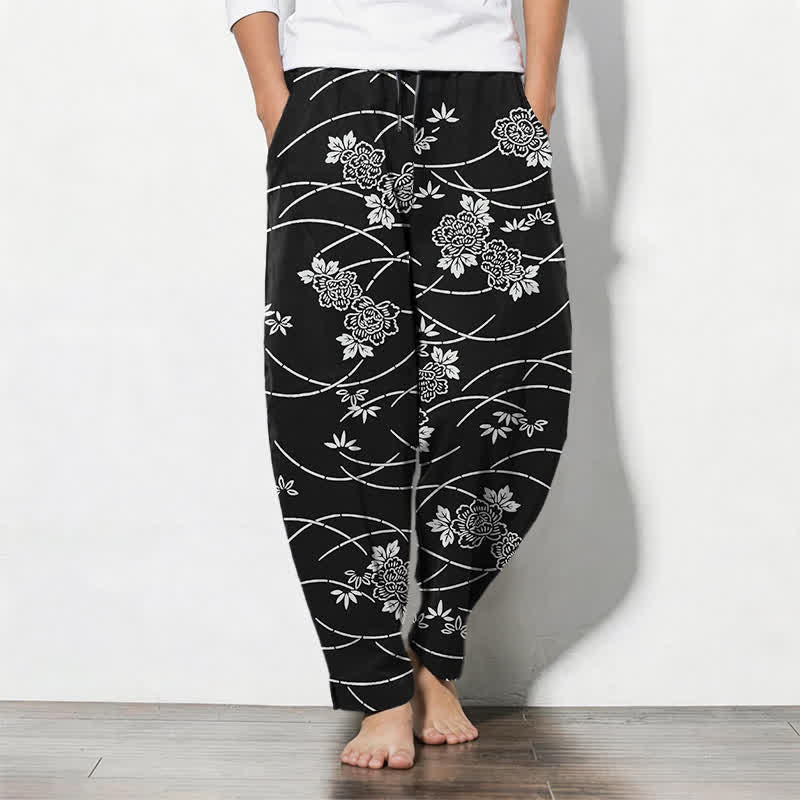 Buddha Stones Pantaloni da uomo affusolati in puro cotone bianco con motivo floreale a tralci e coulisse, con tasche. - Nero - US/UK/AU50, EU60 (5XL) - image 7
