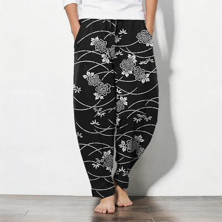 Buddha Stones Pantaloni da uomo affusolati in puro cotone bianco con motivo floreale a tralci e coulisse, con tasche. - Nero - US/UK/AU50, EU60 (5XL) - image 7