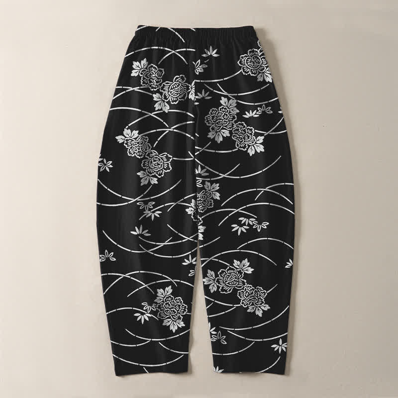 Buddha Stones Pantaloni da uomo affusolati in puro cotone bianco con motivo floreale a tralci e coulisse, con tasche. - image 10