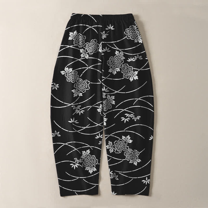Buddha Stones Pantaloni da uomo affusolati in puro cotone bianco con motivo floreale a tralci e coulisse, con tasche. - image 10