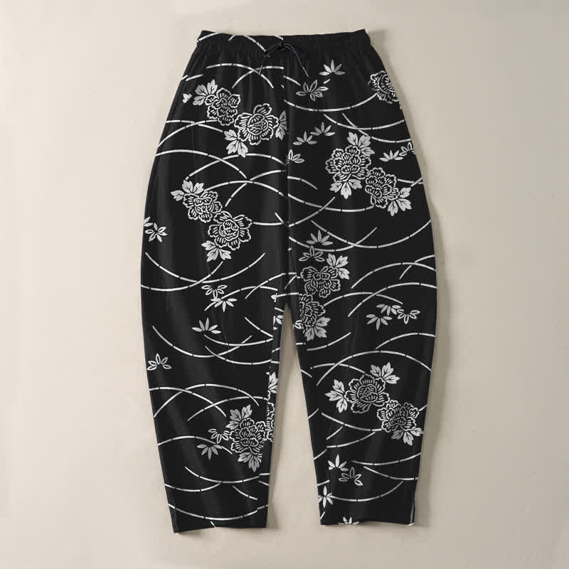 Buddha Stones Pantaloni da uomo affusolati in puro cotone bianco con motivo floreale a tralci e coulisse, con tasche. - image 9