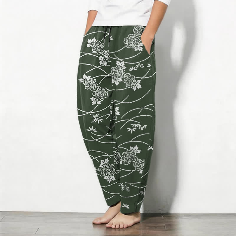 Buddha Stones Pantaloni da uomo affusolati in puro cotone bianco con motivo floreale a tralci e coulisse, con tasche. - image 12