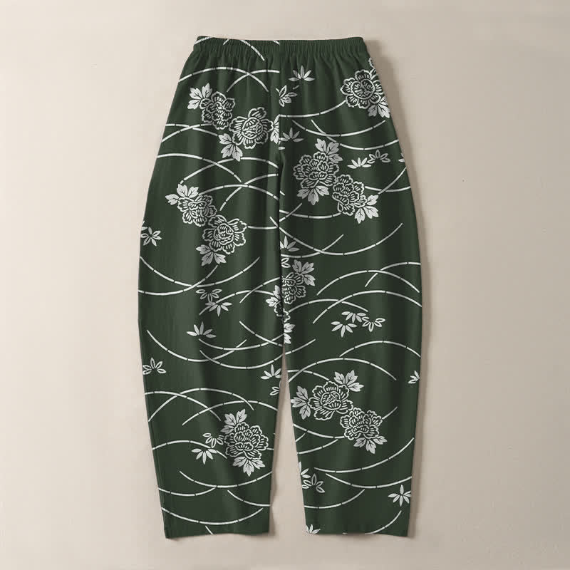 Buddha Stones Pantaloni da uomo affusolati in puro cotone bianco con motivo floreale a tralci e coulisse, con tasche. - image 14