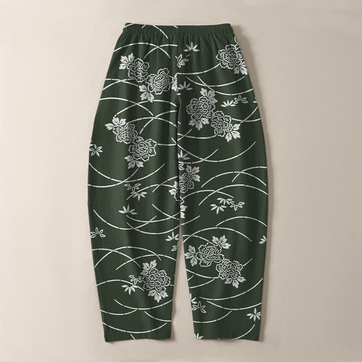 Buddha Stones Pantaloni da uomo affusolati in puro cotone bianco con motivo floreale a tralci e coulisse, con tasche. - image 14