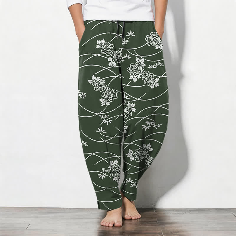 Buddha Stones Pantaloni da uomo affusolati in puro cotone bianco con motivo floreale a tralci e coulisse, con tasche. - Verde studentesco - US/UK/AU50, EU60 (5XL) - image 11