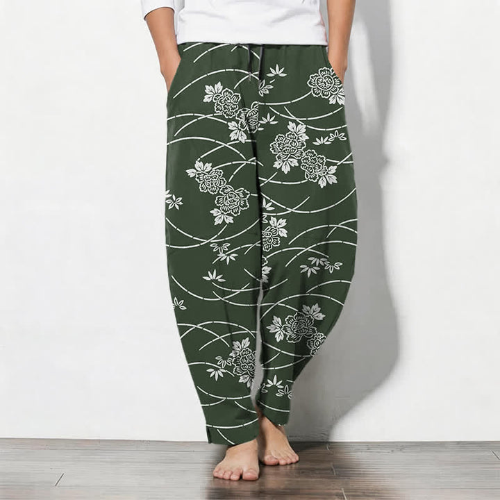 Buddha Stones Pantaloni da uomo affusolati in puro cotone bianco con motivo floreale a tralci e coulisse, con tasche. - Verde studentesco - US/UK/AU50, EU60 (5XL) - image 11