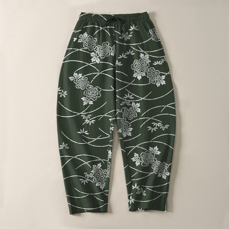 Buddha Stones Pantaloni da uomo affusolati in puro cotone bianco con motivo floreale a tralci e coulisse, con tasche. - image 13