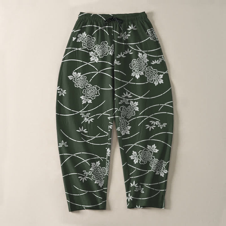 Buddha Stones Pantaloni da uomo affusolati in puro cotone bianco con motivo floreale a tralci e coulisse, con tasche. - image 13