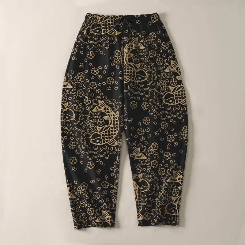 Buddha Stones Pantaloni da uomo affusolati con coulisse e tasche, in puro cotone, con motivo floreale e carpe koi dorate. - image 2