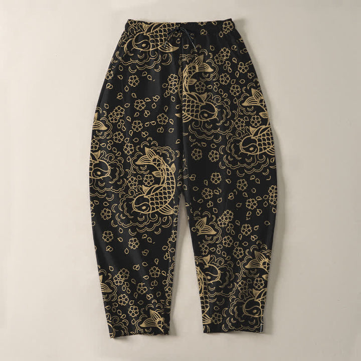 Buddha Stones Pantaloni da uomo affusolati con coulisse e tasche, in puro cotone, con motivo floreale e carpe koi dorate. - image 2