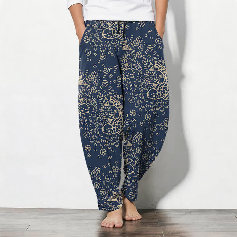 Buddha Stones Pantaloni da uomo affusolati con coulisse e tasche, in puro cotone, con motivo floreale e carpe koi dorate. - Marina - US/UK/AU50, EU60 (5XL) - image 7