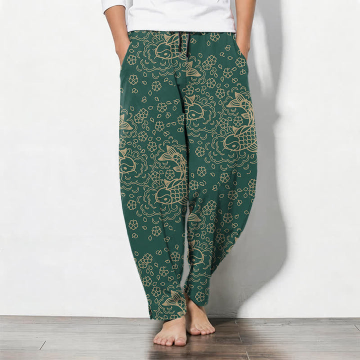 Buddha Stones Pantaloni da uomo affusolati con coulisse e tasche, in puro cotone, con motivo floreale e carpe koi dorate. - Verde scuro - US/UK/AU50, EU60 (5XL) - image 11