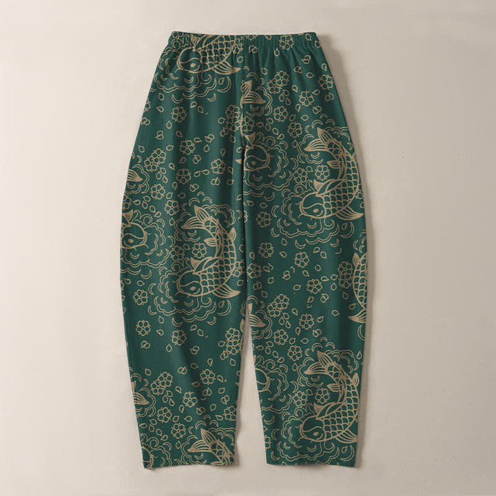 Buddha Stones Pantaloni da uomo affusolati con coulisse e tasche, in puro cotone, con motivo floreale e carpe koi dorate. - image 14