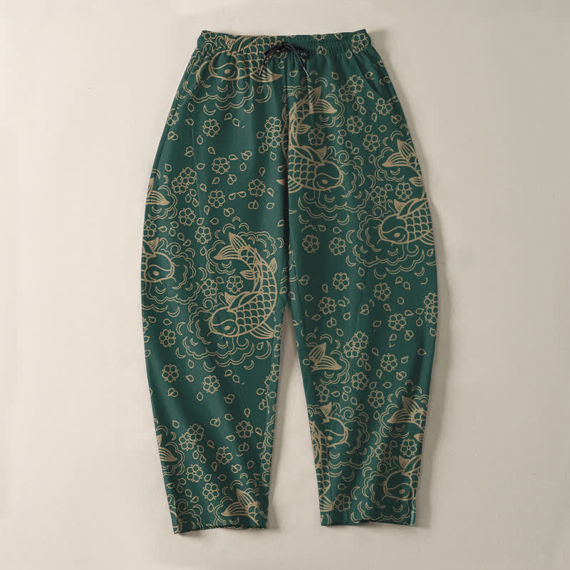 Buddha Stones Pantaloni da uomo affusolati con coulisse e tasche, in puro cotone, con motivo floreale e carpe koi dorate. - image 13