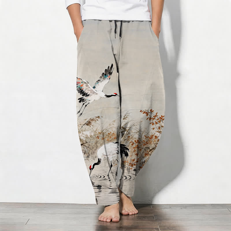 Buddha Stones Pantaloni da uomo affusolati con coulisse e tasche, in puro cotone lavato a inchiostro con motivo canne di gru. - Beige - US/UK/AU50, EU60 (5XL) - image 0