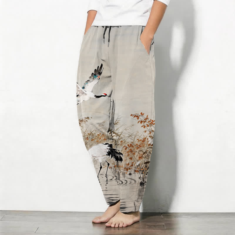 Buddha Stones Pantaloni da uomo affusolati con coulisse e tasche, in puro cotone lavato a inchiostro con motivo canne di gru. - image 1