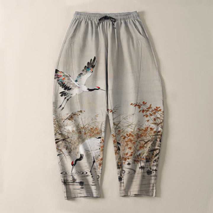Buddha Stones Pantaloni da uomo affusolati con coulisse e tasche, in puro cotone lavato a inchiostro con motivo canne di gru. - image 2