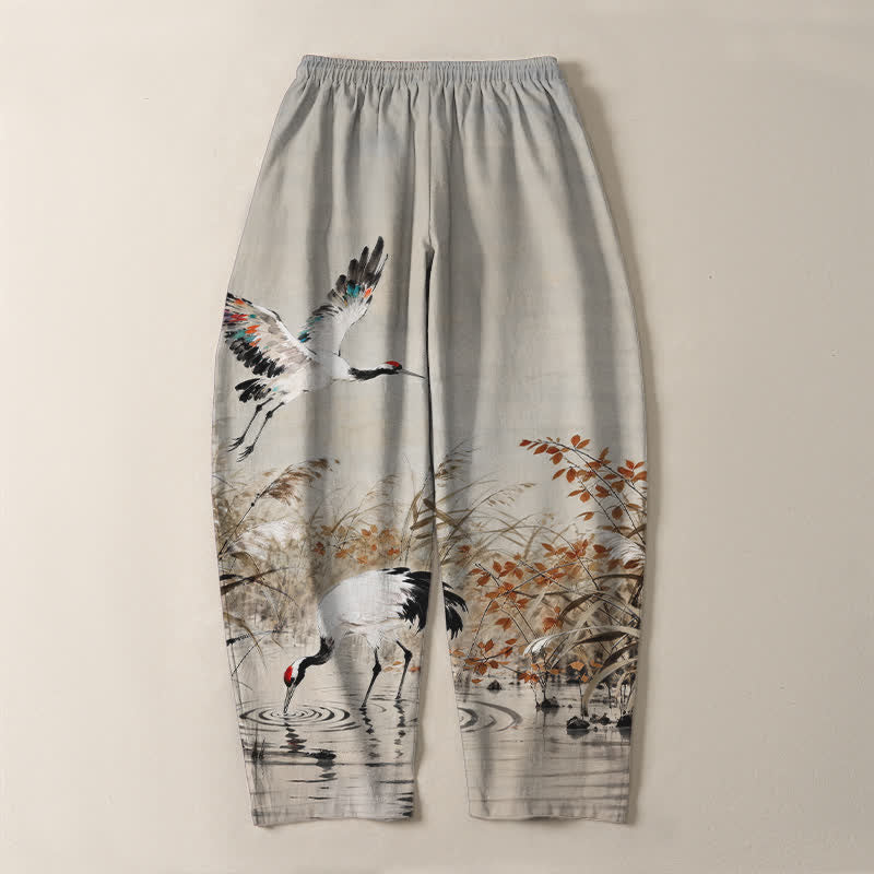 Buddha Stones Pantaloni da uomo affusolati con coulisse e tasche, in puro cotone lavato a inchiostro con motivo canne di gru. - image 3