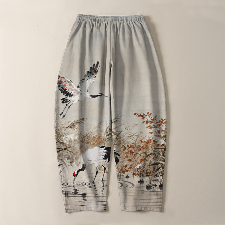 Buddha Stones Pantaloni da uomo affusolati con coulisse e tasche, in puro cotone lavato a inchiostro con motivo canne di gru. - image 3