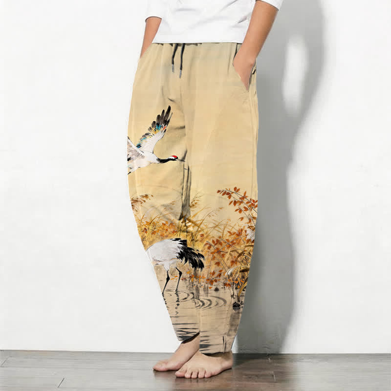 Buddha Stones Pantaloni da uomo affusolati con coulisse e tasche, in puro cotone lavato a inchiostro con motivo canne di gru. - image 8