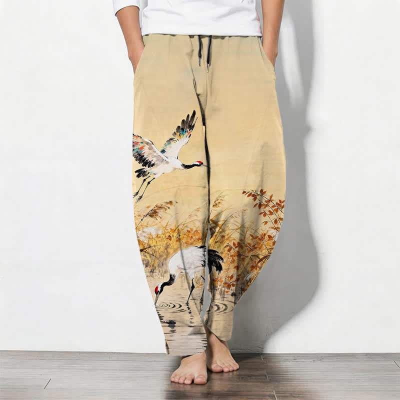 Buddha Stones Pantaloni da uomo affusolati con coulisse e tasche, in puro cotone lavato a inchiostro con motivo canne di gru. - Grano - US/UK/AU50, EU60 (5XL) - image 7