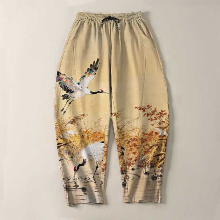 Buddha Stones Pantaloni da uomo affusolati con coulisse e tasche, in puro cotone lavato a inchiostro con motivo canne di gru. - image 9