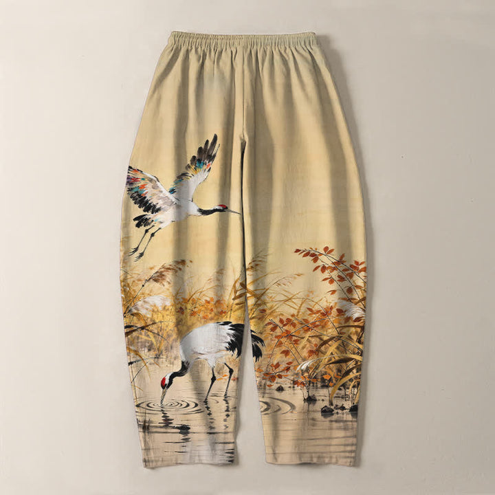 Buddha Stones Pantaloni da uomo affusolati con coulisse e tasche, in puro cotone lavato a inchiostro con motivo canne di gru. - image 10