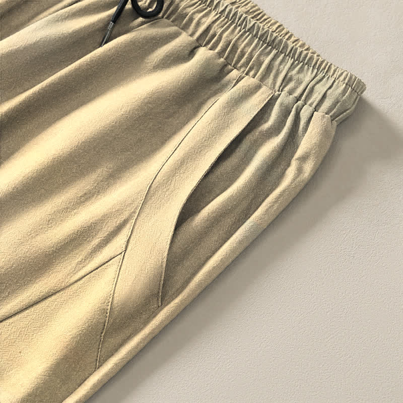 Buddha Stones Pantaloni da uomo affusolati con coulisse e tasche, in puro cotone lavato a inchiostro con motivo canne di gru. - image 11