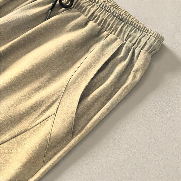 Buddha Stones Pantaloni da uomo affusolati con coulisse e tasche, in puro cotone lavato a inchiostro con motivo canne di gru. - image 11